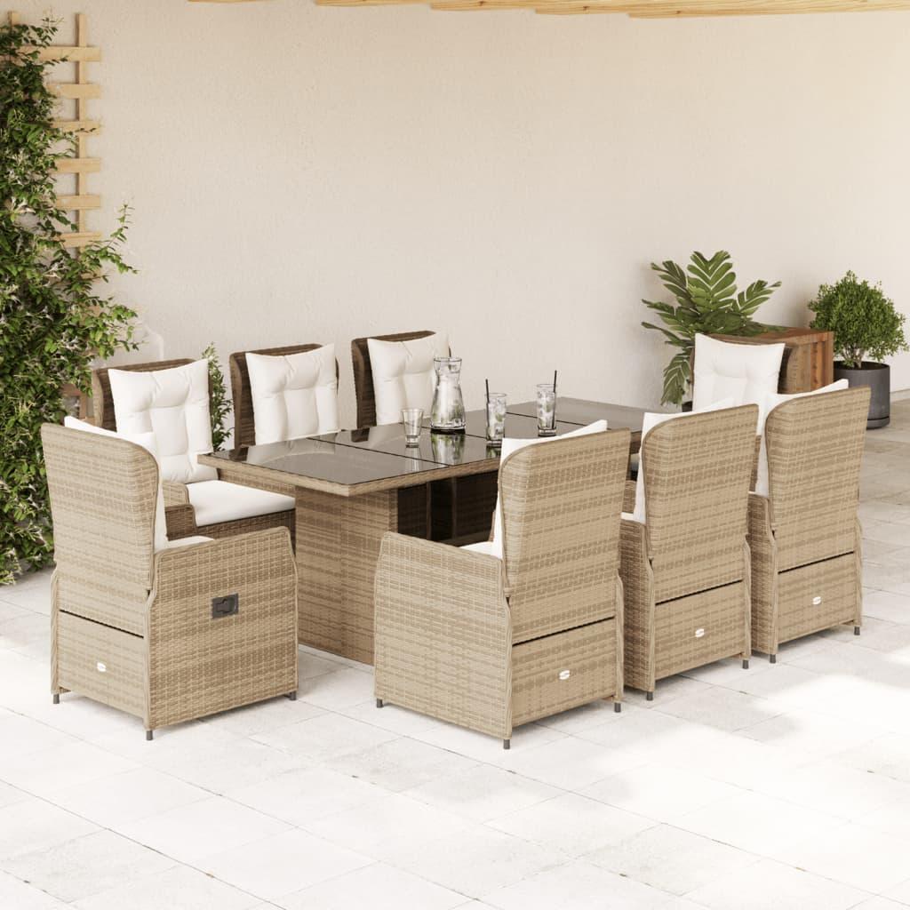 Spisebordssæt til haven 9 dele med hynder polyrattan beige