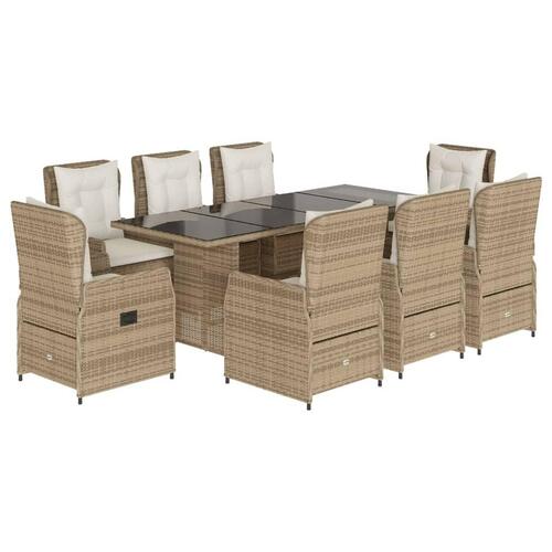 Spisebordssæt til haven 9 dele med hynder polyrattan beige