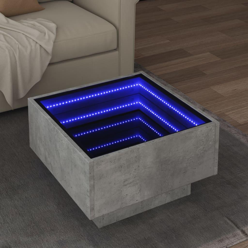 Sofabord med LED-lys 50x50x30 cm konstrueret træ betongrå billede