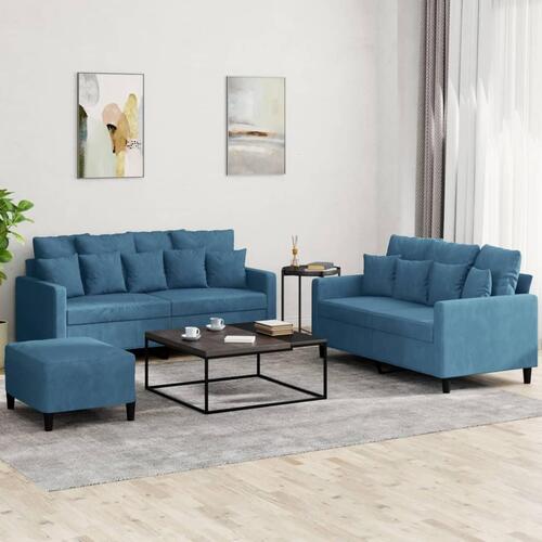 3 personers sofa med hynder velour blå