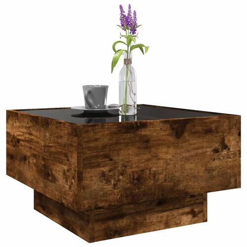 Sofabord med LED-lys 50x50x30 cm konstrueret træ røget eg