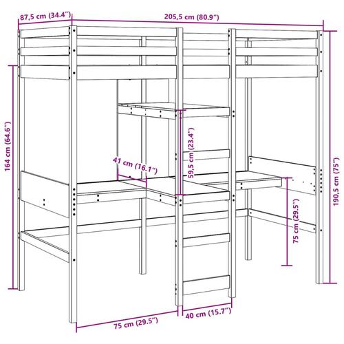 Højseng uden madras 80x200 cm massivt fyrretræ