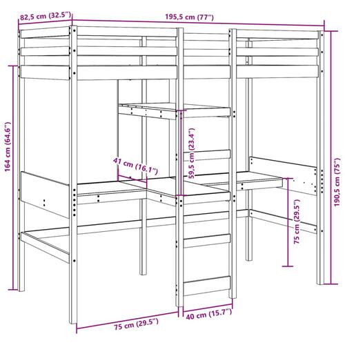 Højseng uden madras 75x190 cm massivt fyrretræ hvid