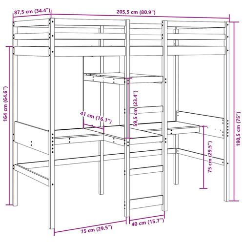 Højseng uden madras 80x200 cm massivt fyrretræ hvid