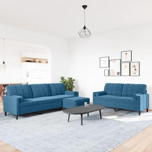 3 personers sofa med hynder og bolsterpuder velour blå