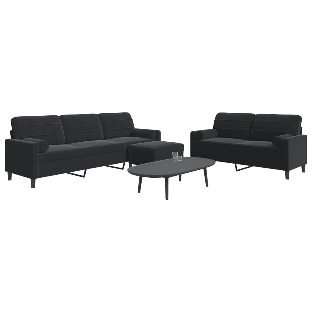 3 personers sofa med hynder og bolsterpuder velour sort