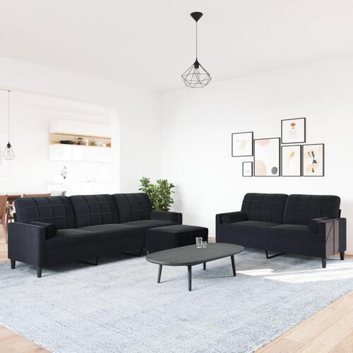 3 personers sofa med hynder og bolsterpuder velour sort