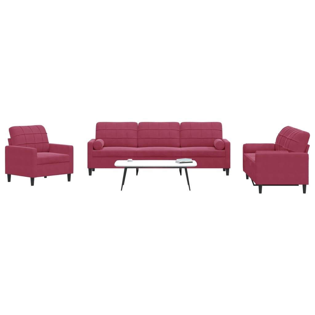 2 personers sofa med hynder og bolsterpuder velour vinrød