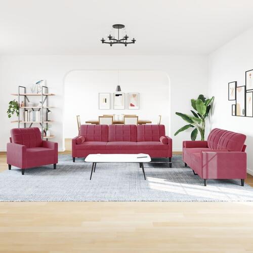 2 personers sofa med hynder og bolsterpuder velour vinrød