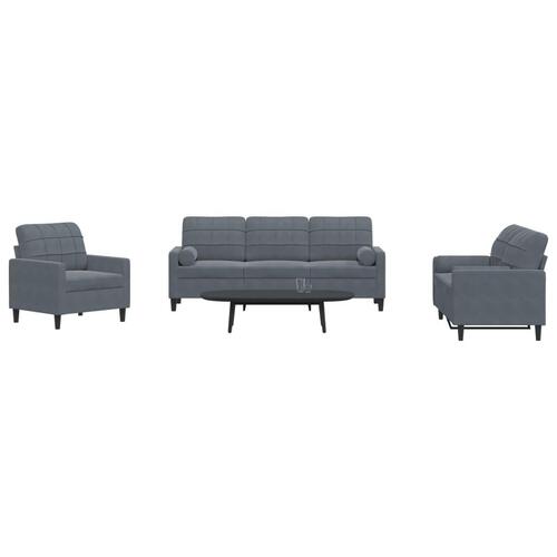 3 personers sofa med hynder og bolsterpuder velour mørkegrå