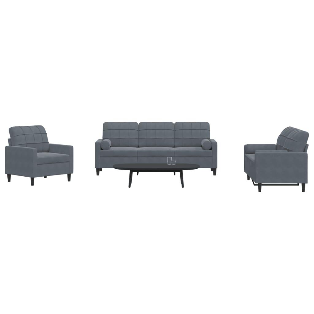 3 personers sofa med hynder og bolsterpuder velour mørkegrå