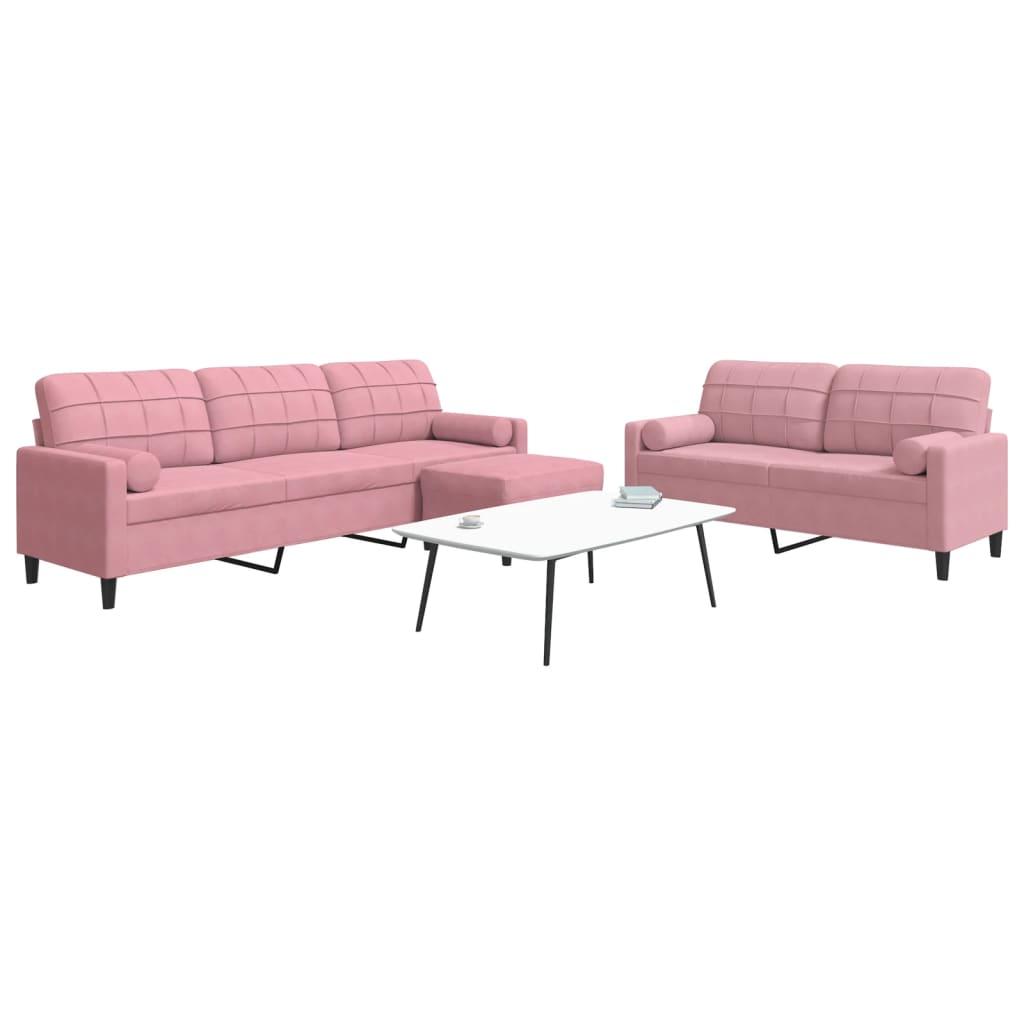 3 personers sofa med hynder og bolsterpuder velour lyserød