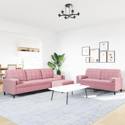 3 personers sofa med hynder og bolsterpuder velour lyserød