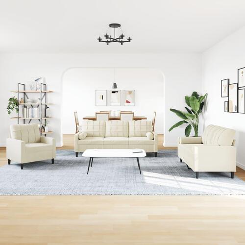 3 personers sofa med hynder og bolsterpuder velour cremefarvet