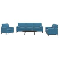 3 personers sofa med hynder og bolsterpuder velour blå