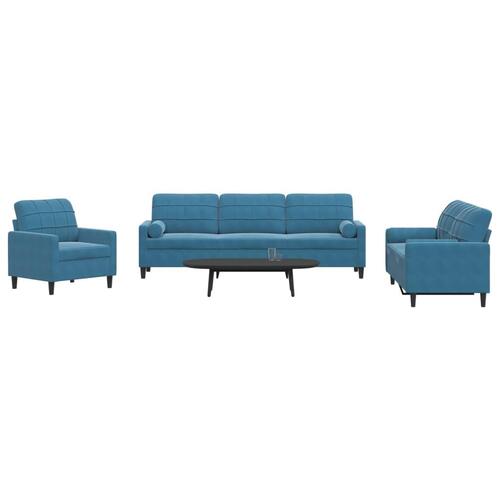 3 personers sofa med hynder og bolsterpuder velour blå