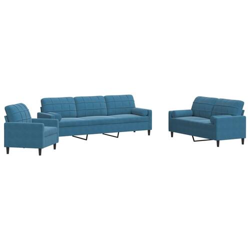 3 personers sofa med hynder og bolsterpuder velour blå