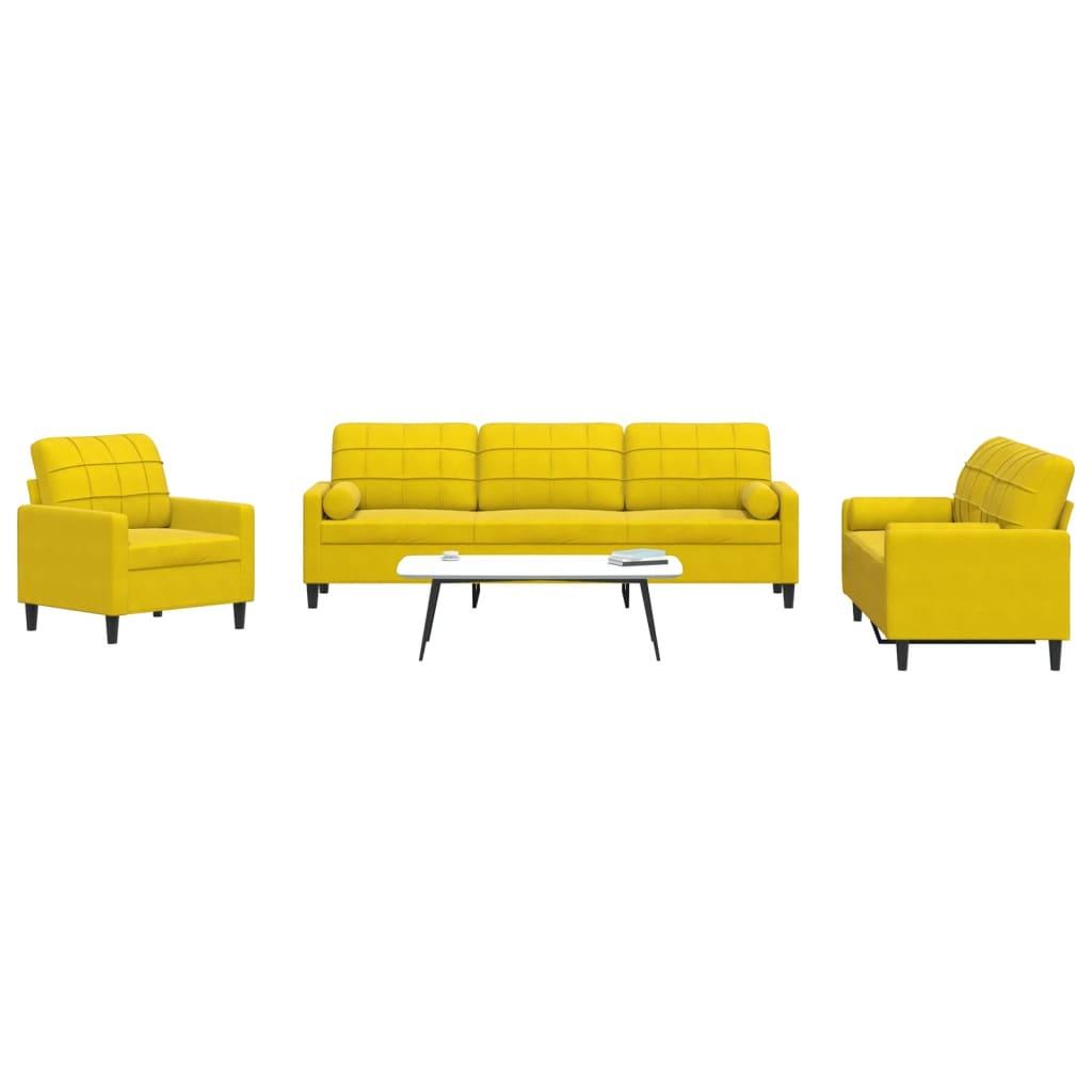 3 personers sofa med hynder og bolsterpuder velour gul