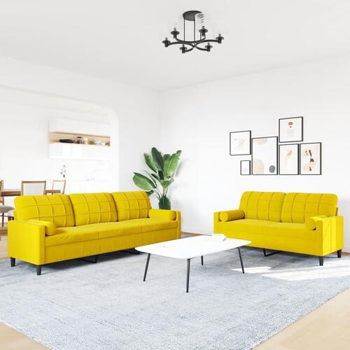 2 personers sofa med hynder og bolsterpuder velour gul