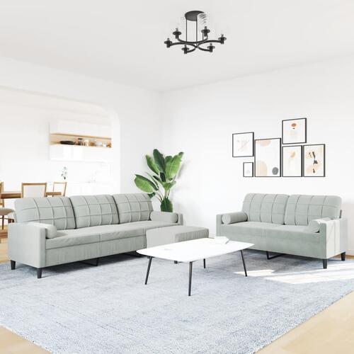 3 personers sofa med hynder og bolsterpuder velour lysegrå