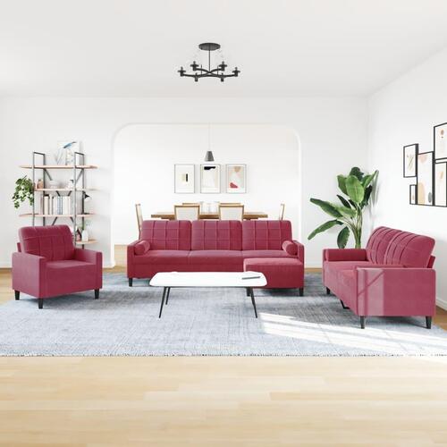 Sofasæt 4 dele med hynder og bolsterpuder velour vinrød