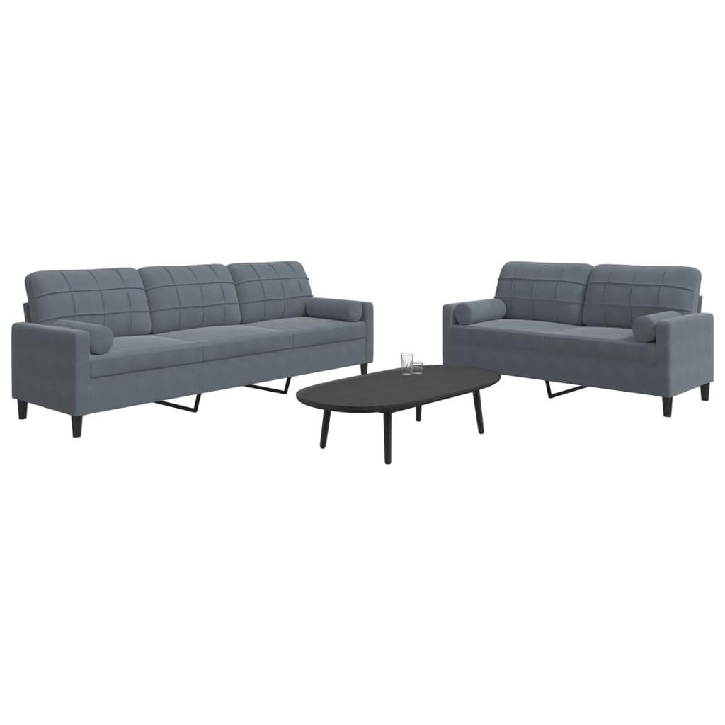 2 personers sofa med hynder og bolsterpuder velour mørkegrå