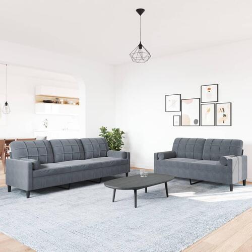 2 personers sofa med hynder og bolsterpuder velour mørkegrå