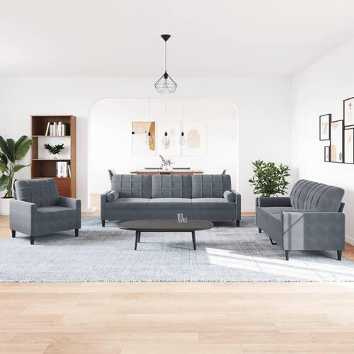 3 personers sofa med hynder og bolsterpuder velour mørkegrå