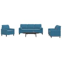 3 personers sofa med hynder og bolsterpuder velour blå