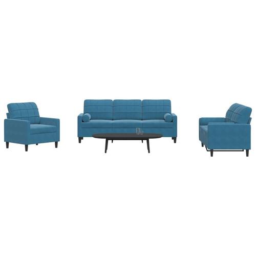 3 personers sofa med hynder og bolsterpuder velour blå