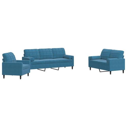 3 personers sofa med hynder og bolsterpuder velour blå