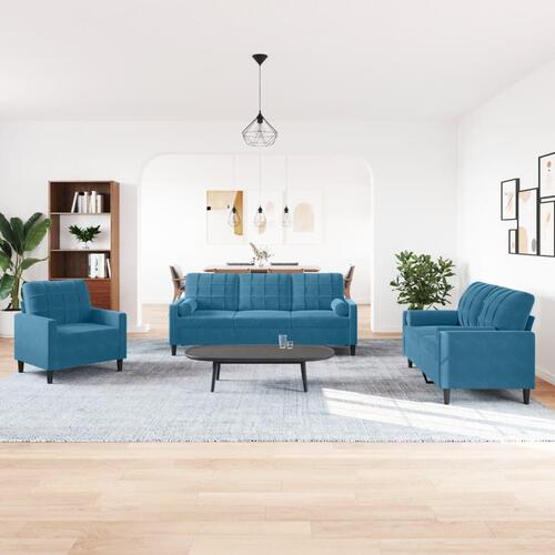 3 personers sofa med hynder og bolsterpuder velour blå