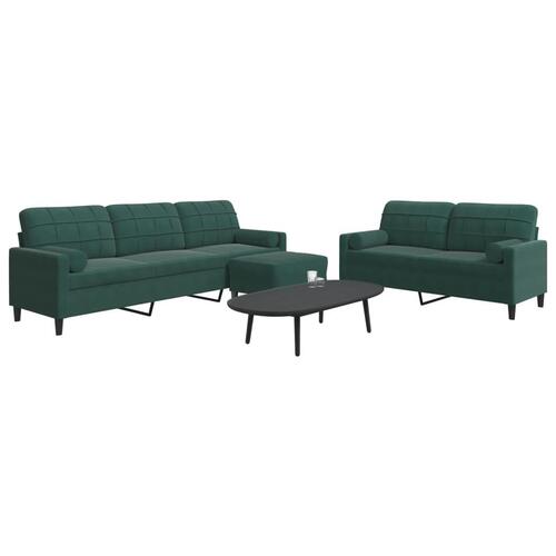 3 personers sofa med hynder og bolsterpuder velour mørkegrøn