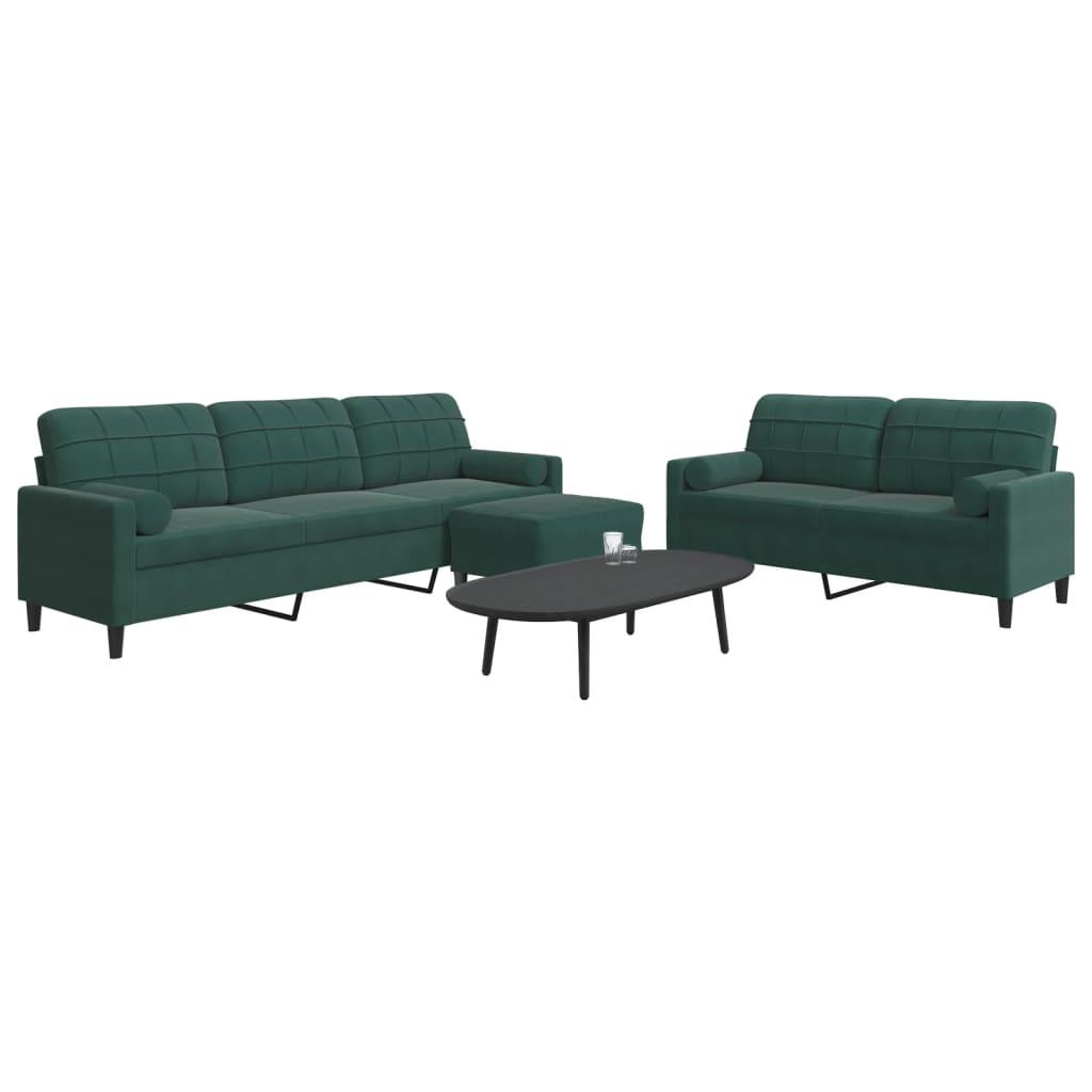 3 personers sofa med hynder og bolsterpuder velour mørkegrøn