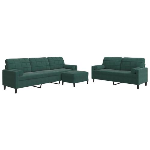 3 personers sofa med hynder og bolsterpuder velour mørkegrøn