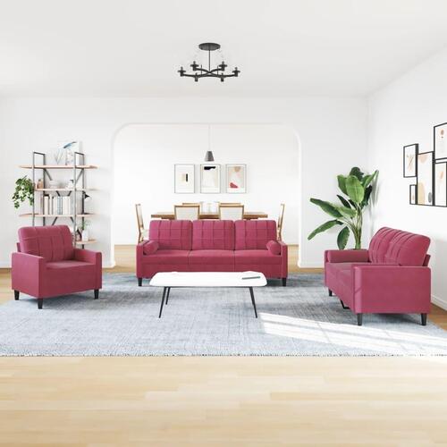 2 personers sofa med hynder og bolsterpuder velour vinrød