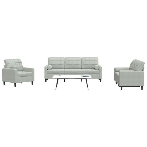 3 personers sofa med hynder og bolsterpuder velour lysegrå