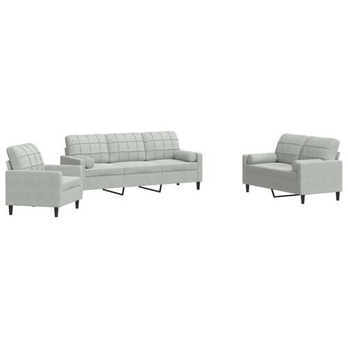 3 personers sofa med hynder og bolsterpuder velour lysegrå