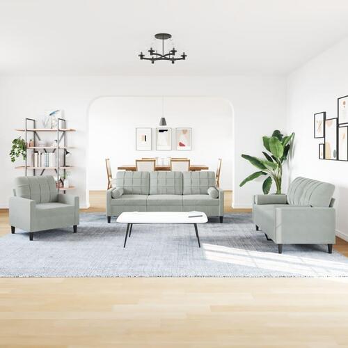 3 personers sofa med hynder og bolsterpuder velour lysegrå