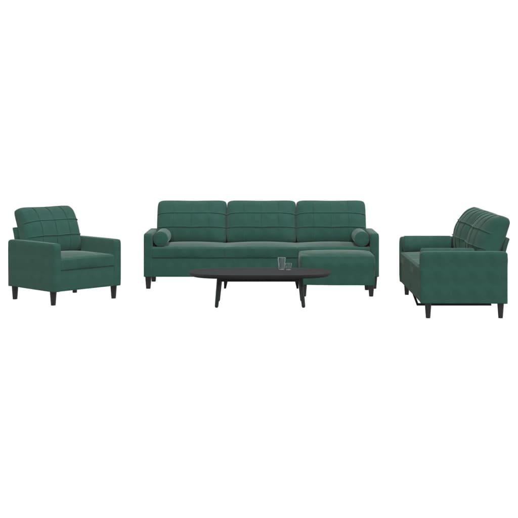 Sofasæt 4 dele med hynder og bolsterpuder velour mørkegrøn