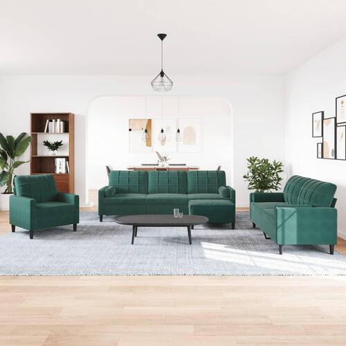 Sofasæt 4 dele med hynder og bolsterpuder velour mørkegrøn