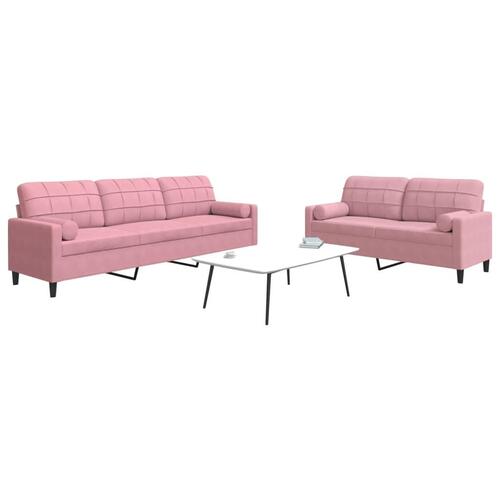 2 personers sofa med hynder og bolsterpuder velour lyserød