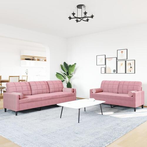 2 personers sofa med hynder og bolsterpuder velour lyserød