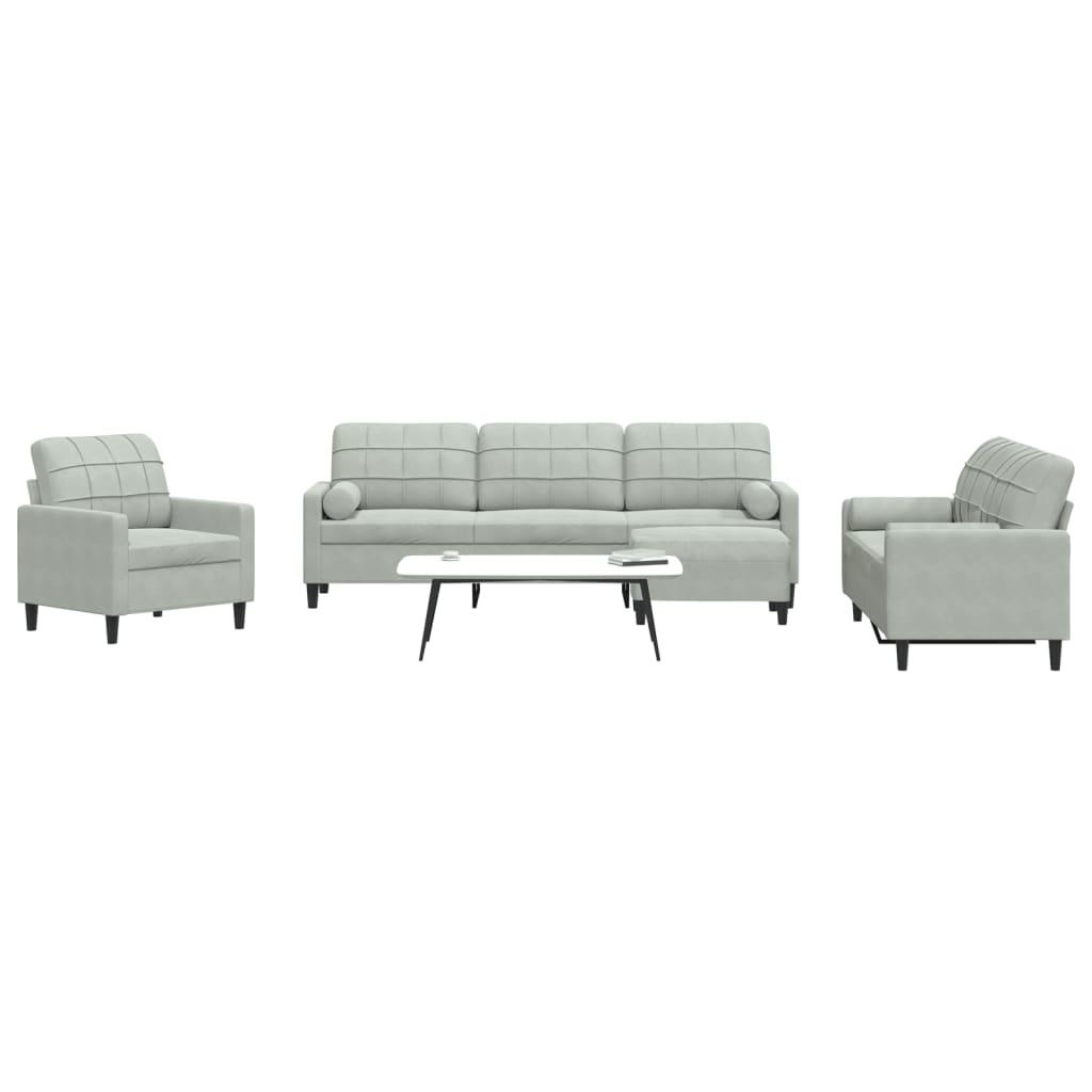 Sofasæt 4 dele med hynder og bolsterpuder velour lysegrå