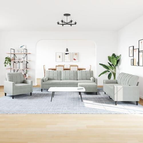 Sofasæt 4 dele med hynder og bolsterpuder velour lysegrå