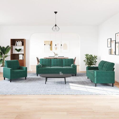3 personers sofa med hynder og bolsterpuder velour mørkegrøn