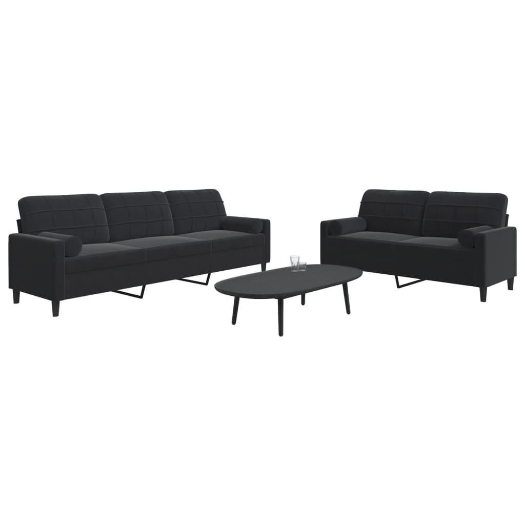 2 personers sofa med hynder og bolsterpuder velour sort billede