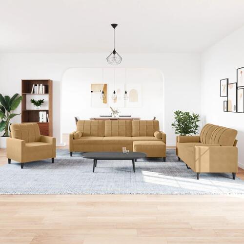 Sofasæt 4 dele med hynder og bolsterpuder velour brun