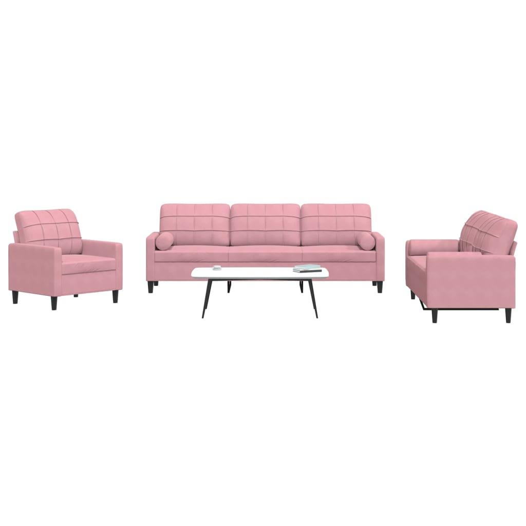 3 personers sofa med hynder og bolsterpuder velour lyserød