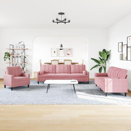 3 personers sofa med hynder og bolsterpuder velour lyserød